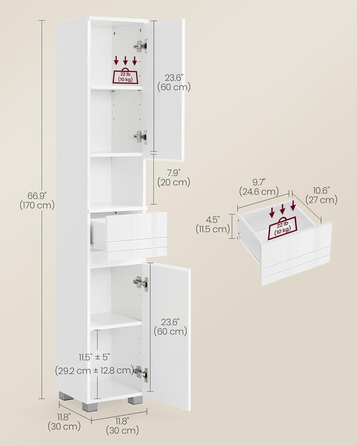 Mobile da Bagno, Mobiletto Portaoggetti, Alto, con Cassetto, Ripiani Regolabili, Scomparti, 30 x 30 x 170 cm, Bianco Nuv
