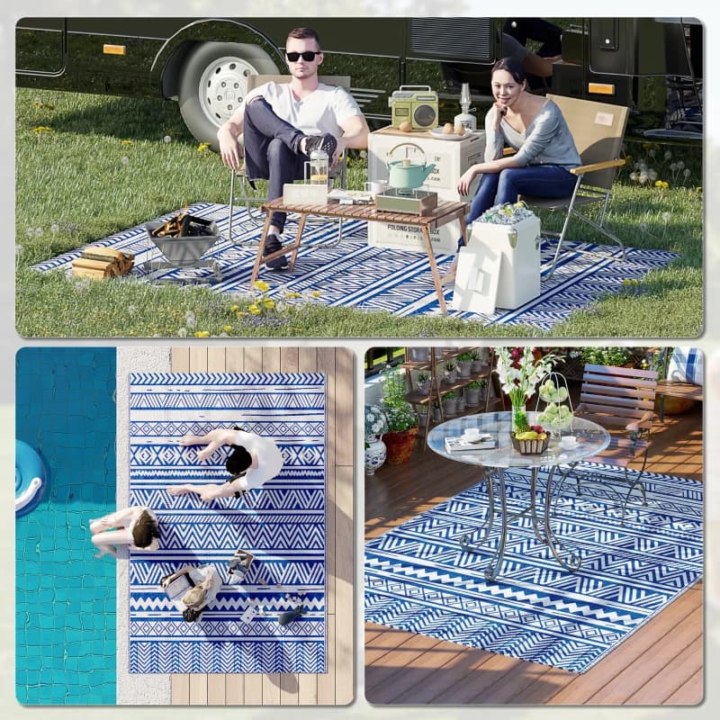 Outsunny Tappeto per Esterno 182x274 cm Pieghevole e Reversibile, in Polipropilene Blu e Bianco