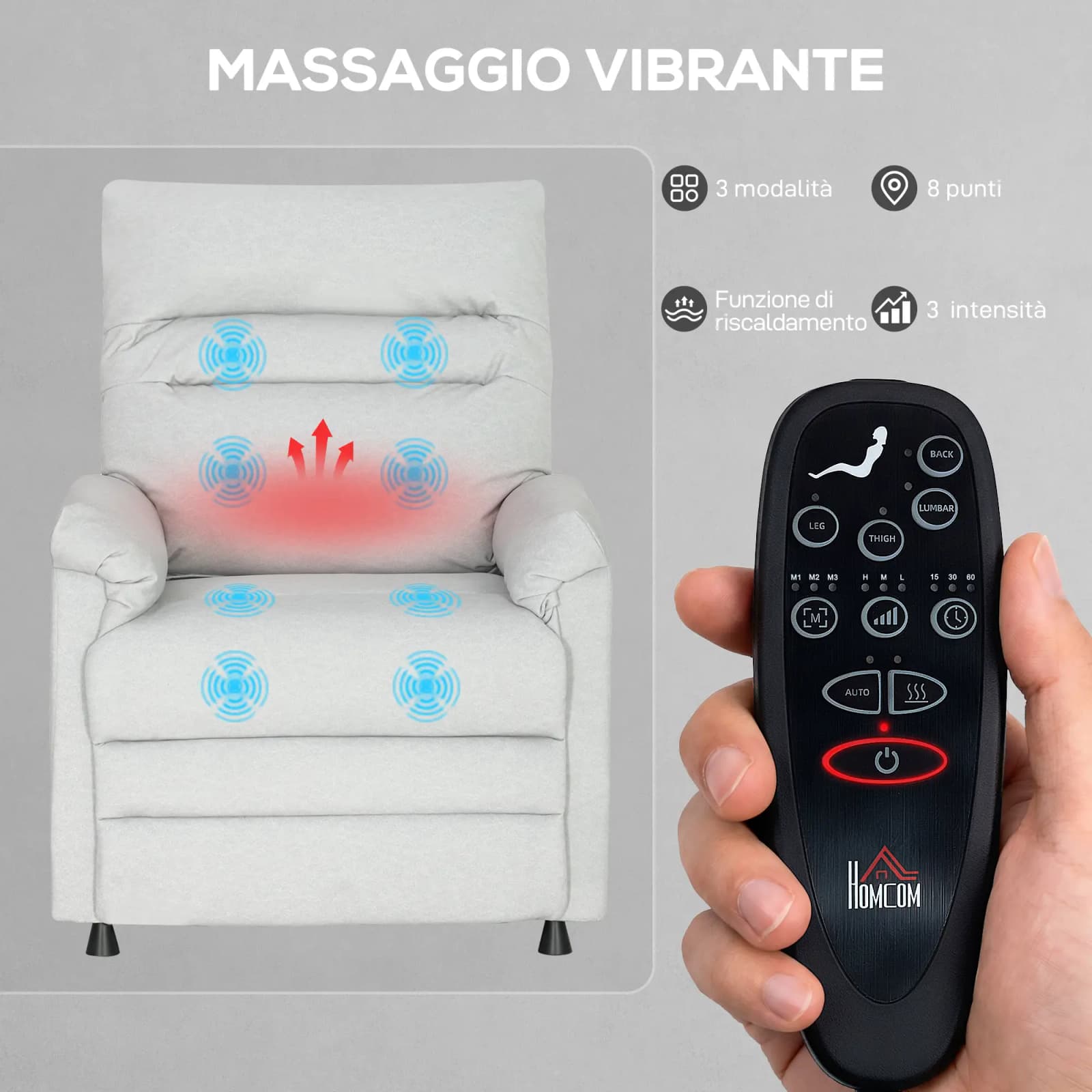 HOMCOM Poltrona Reclinabile con Poggiapiedi, Riscaldamento, 8 Punti Massaggio e 5 Modalità, Tessuto Vellutato, Grigio |