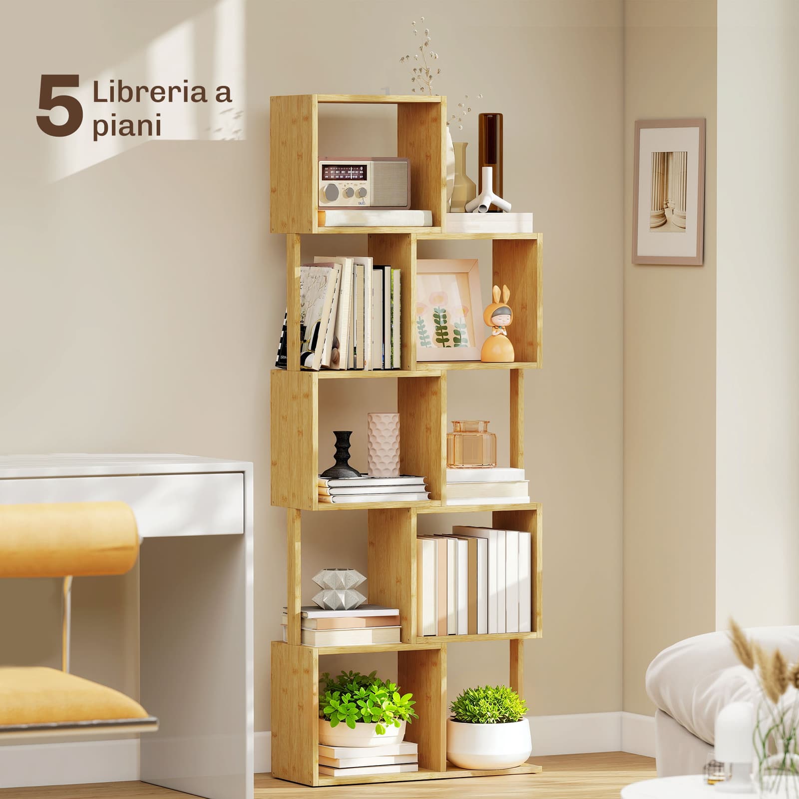 Libreria Moderna Asimmetrica a 5 Livelli in Bambù, 62.5 x 23 x 165 cm, Colore Legno Naturale