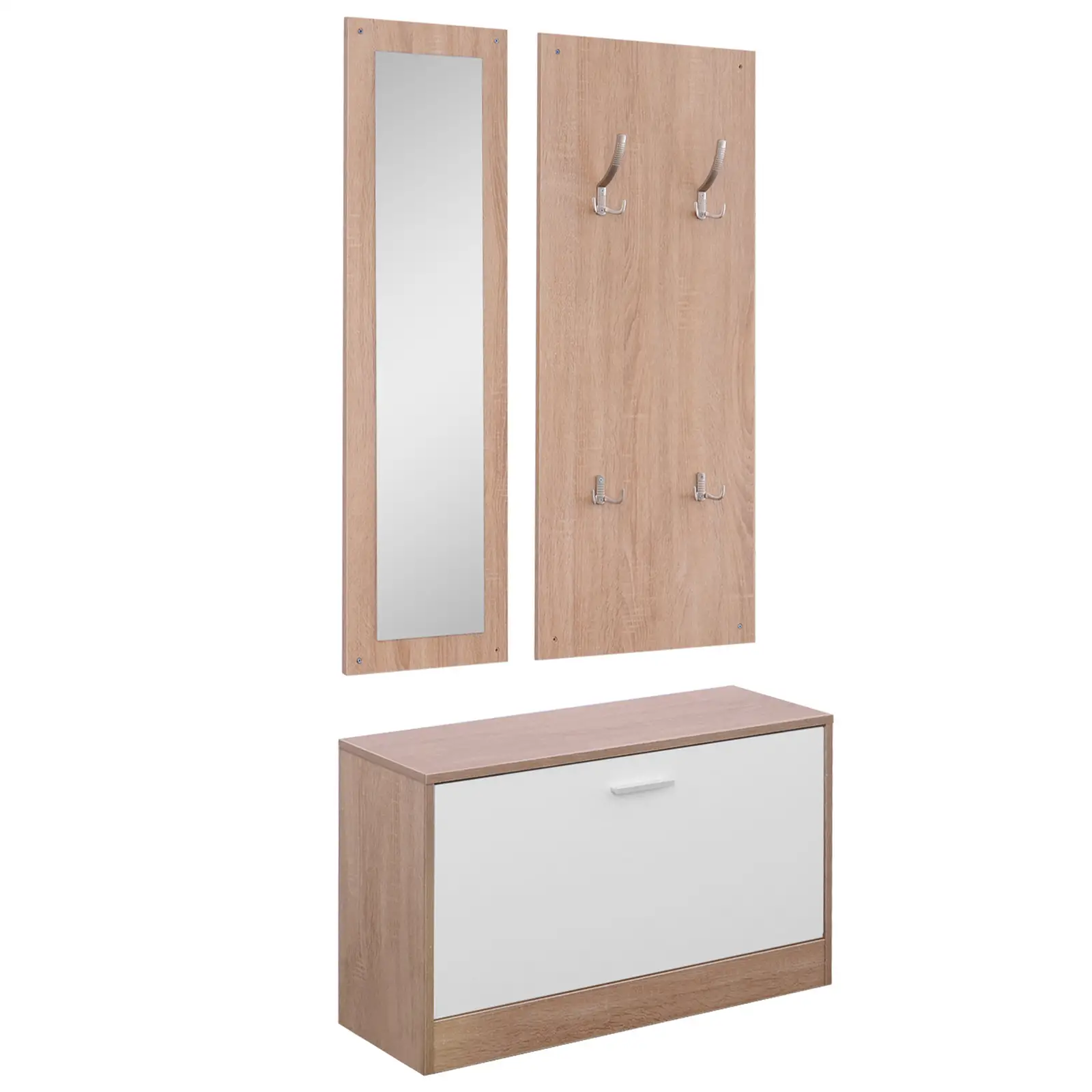 HOMCOM 837-006 Set Mobile da Ingresso 3 Pezzi in Legno Naturale e Bianco, Scarpiera con 2 Ripiani e Seduta fino a 80 kg,