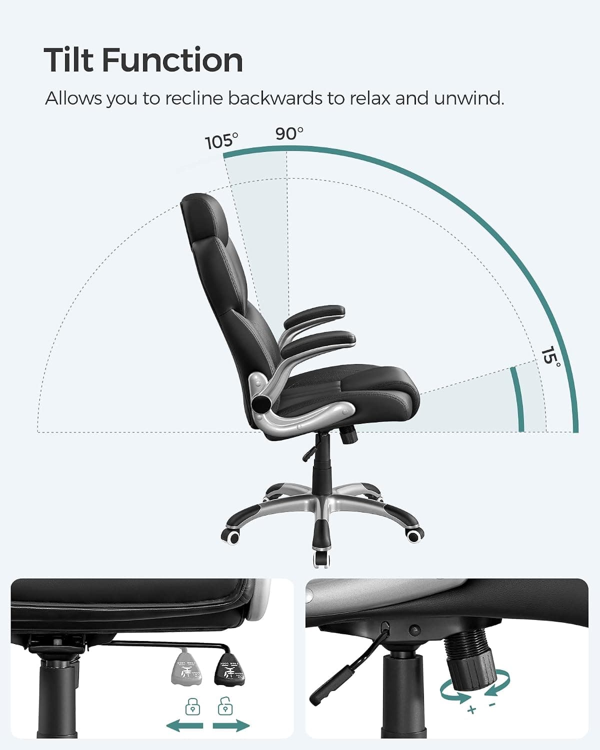 Sedia da Ufficio, Poltrona Girevole Ergonomica, con Braccioli Pieghevoli, Base a Stella in Nylon, Carico Massimo 150 kg,