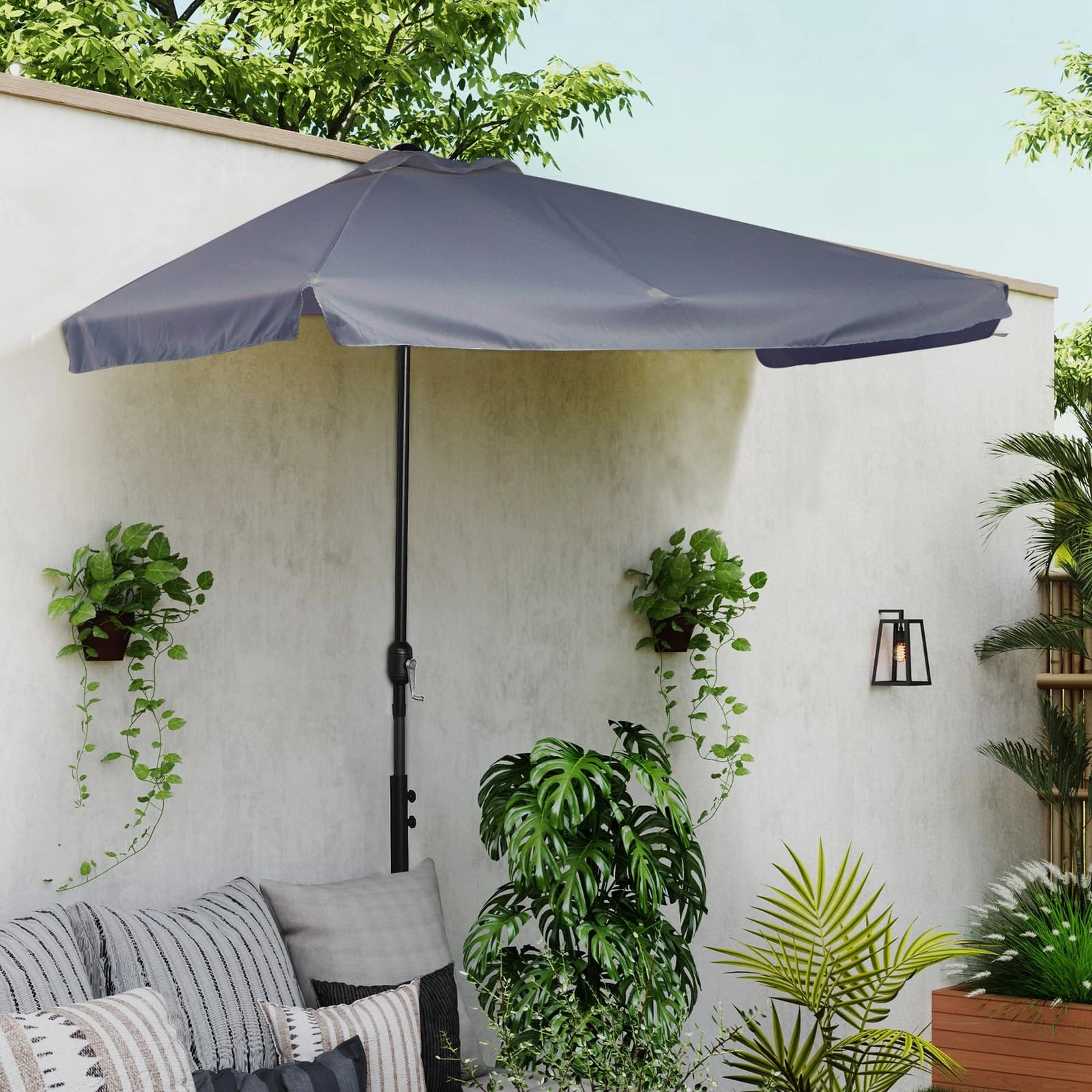 Outsunny Ombrellone Semicircolare da Parete 230 x 130 x 249 cm, Grigio, Apertura a Manovella, Struttura in Metallo e Tel