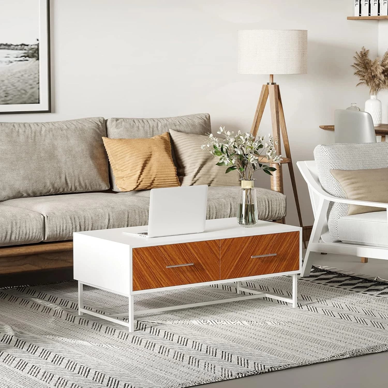 HOMCOM Tavolino da Caffè con 2 Cassetti e Vano Aperto, Tavolino Basso da Salotto in Legno e Metallo, 100x50x40cm, Bianco