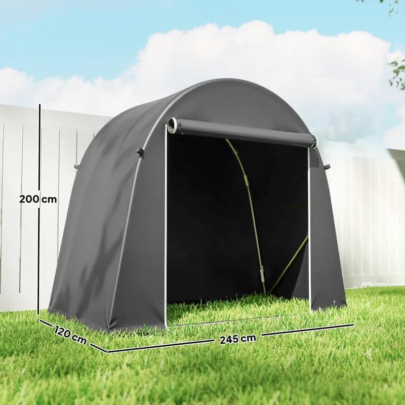Outsunny Tenda Garage per Biciclette e Attrezzi con Ingresso a Cerniera, in PE e Metallo, 245x120x200 cm, Grigio Scuro