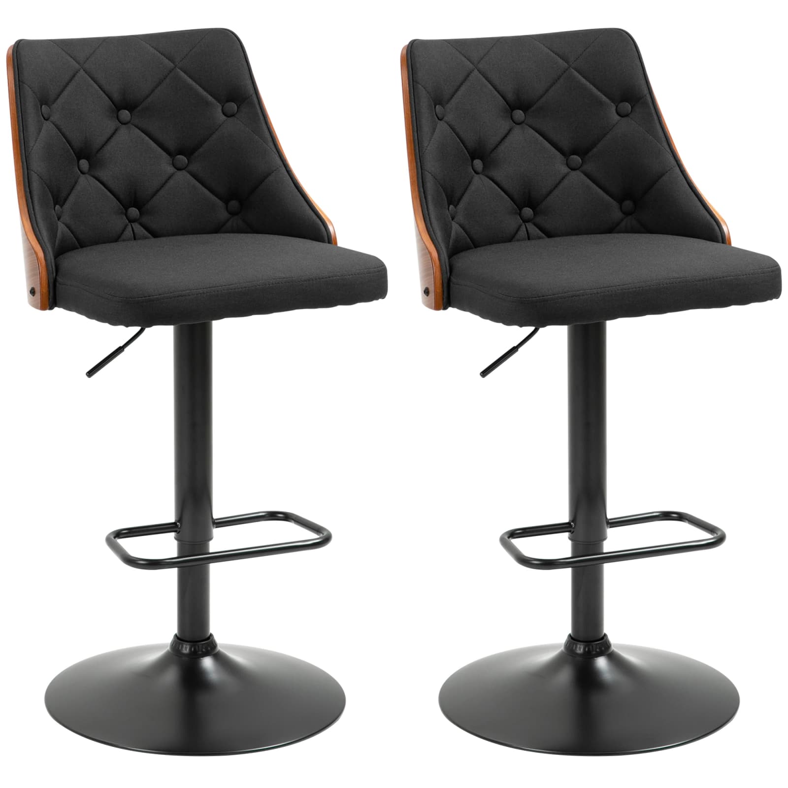 HOMCOM 835-823V00BK Set di 2 Sgabelli da Bar Girevoli a 360° e Regolabili, Seduta 64-85,5 cm, Schienale Imbottito e Pogg