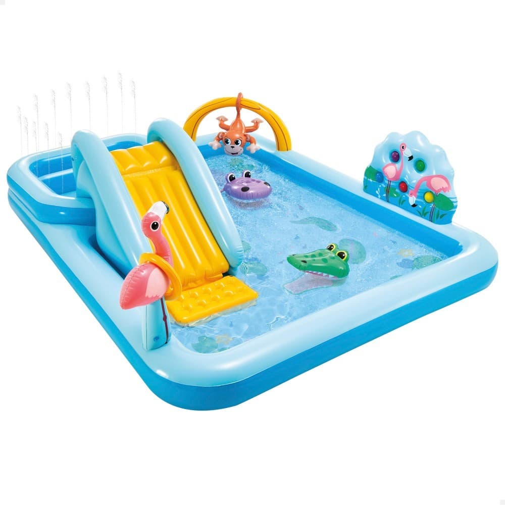 Centro Gioco Gonfiabile Jungle Adventure Intex, Piscina per Bambini con Scivolo, Palme, Fenicottero e Scimmia, Vinile Mu