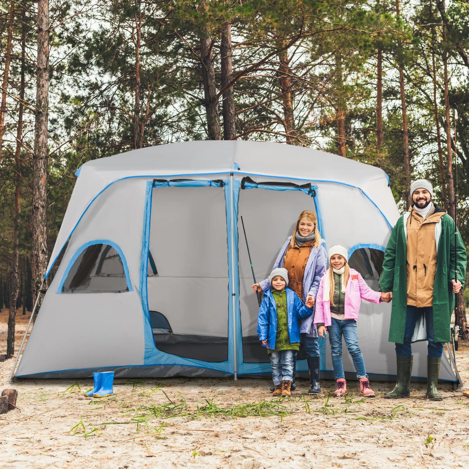 Tenda da Campeggio 4 Persone Impermeabile con 2 Stanze e Finestre a Rete, 400x275x210 cm, Grigia | Dimensioni 70.00 × 30