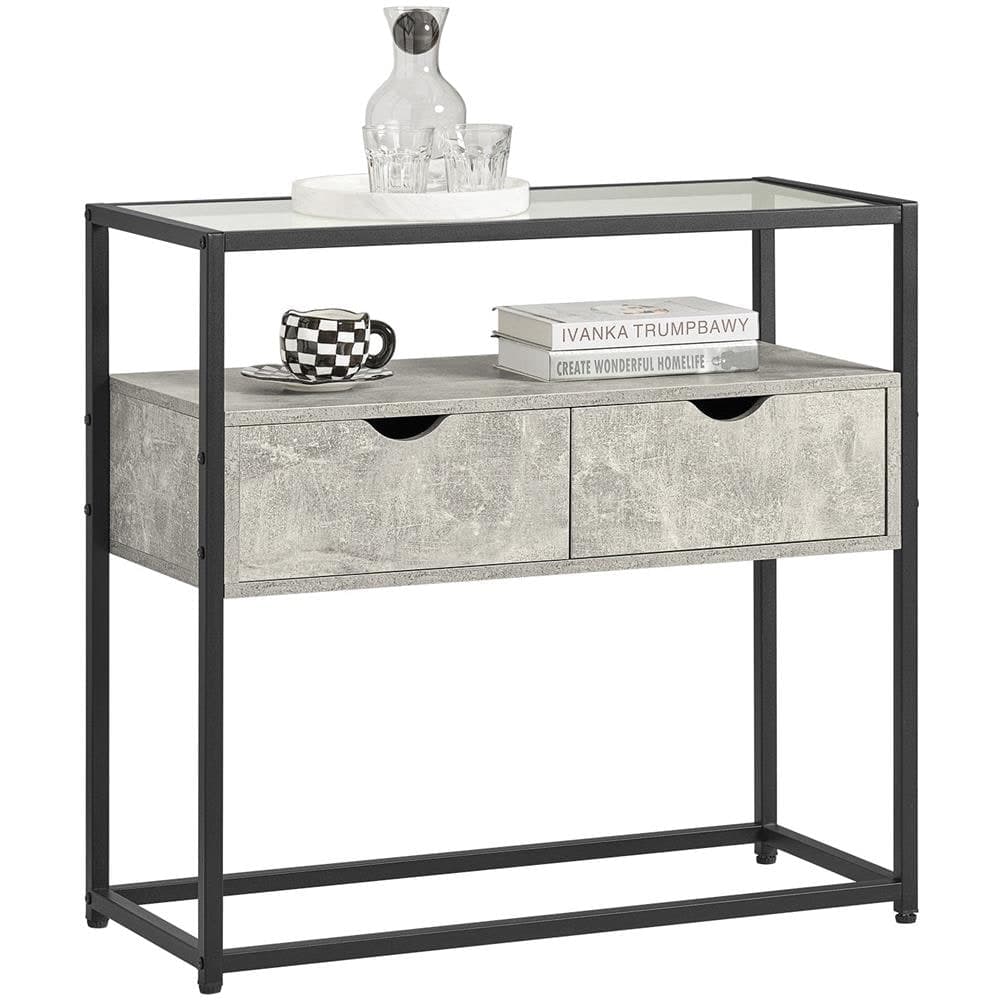 SoBuy FSB54-HG Tavolo Consolle Grigio Effetto Cemento con Struttura in Metallo Nero, Piano in Vetro Temperato, 2 Cassett
