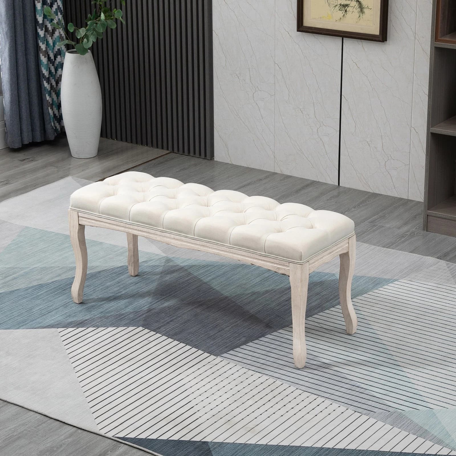 HOMCOM Panca Fondoletto Vintage Beige con Rivestimento Effetto Lino Trapuntato a Bottoni, Imbottitura in Schiuma da 12 c