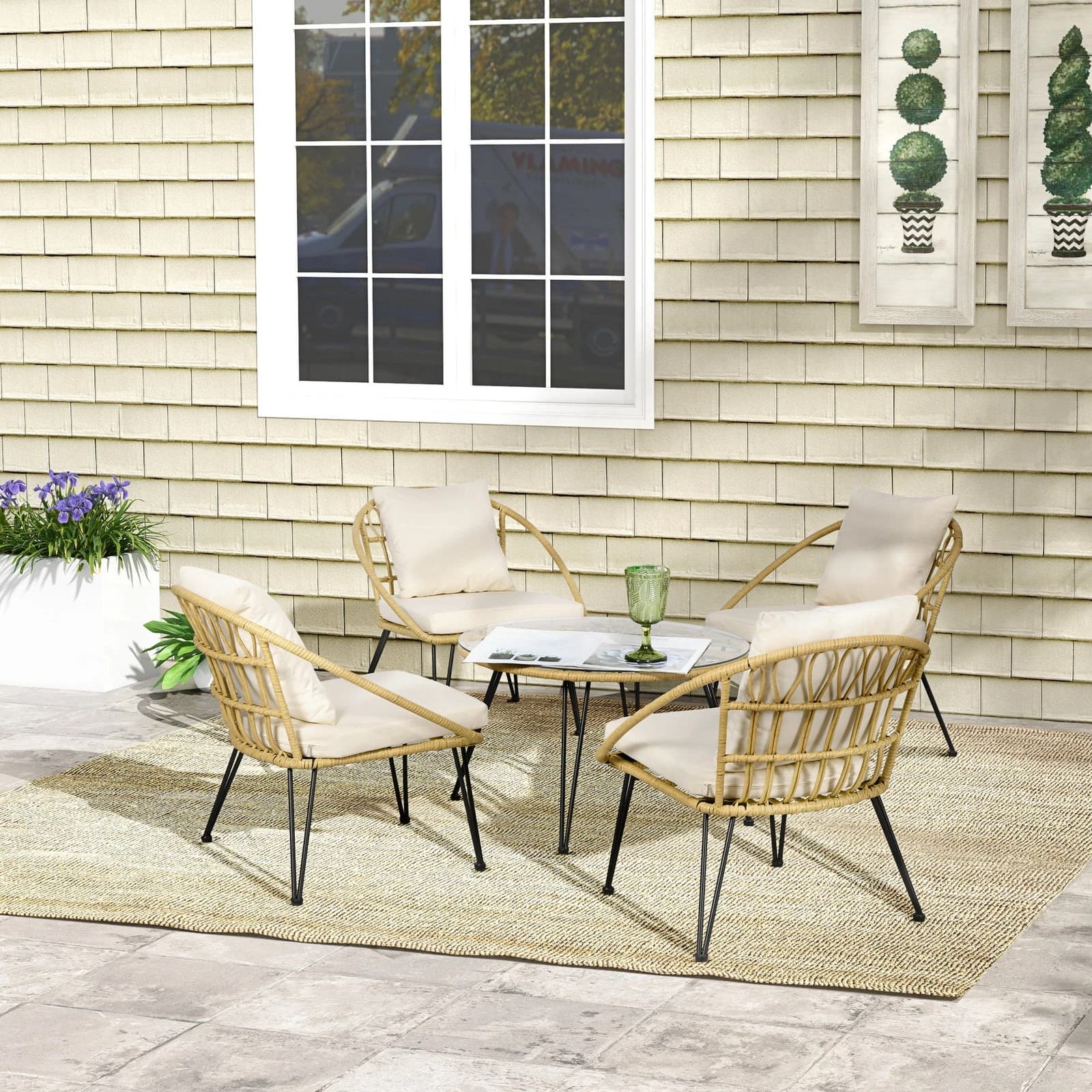 Outsunny Set da Giardino 5 Pezzi in Rattan con Tavolo Rotondo Ø82x50 cm e 4 Sedie 72x72x75 cm con Cuscini | Dimensioni 1