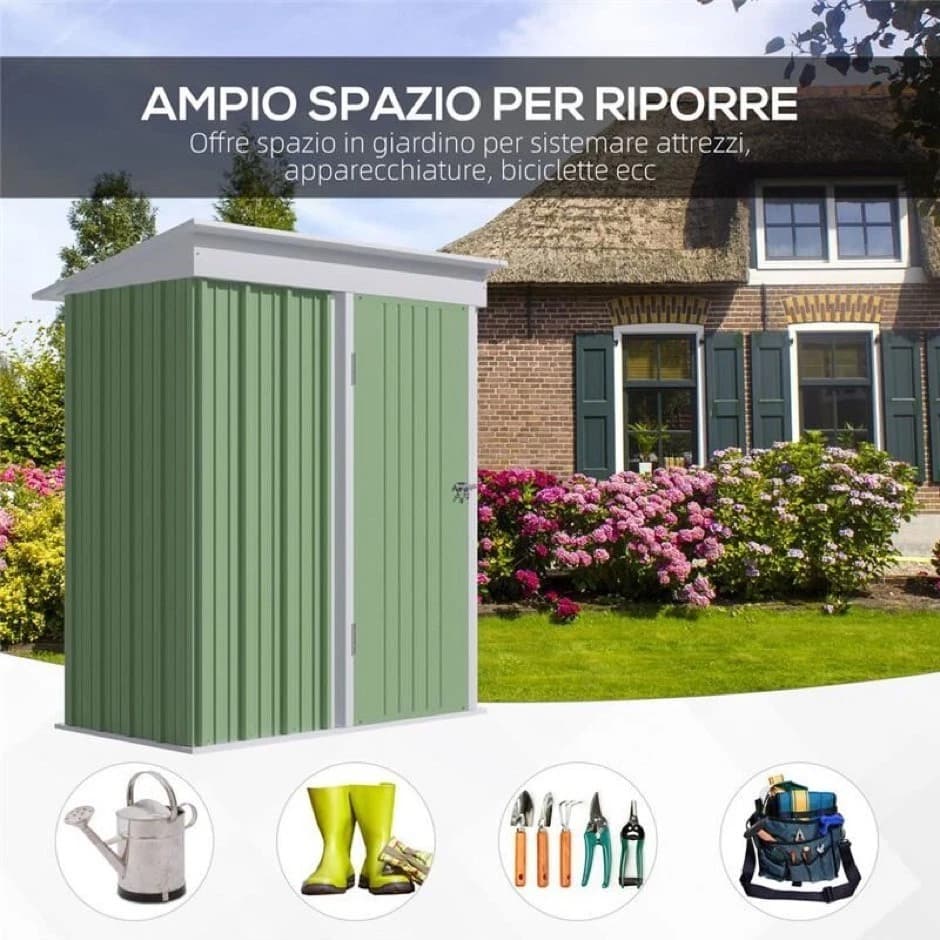 Outsunny Casetta da Giardino Porta Attrezzi in Acciaio con Porta Bloccabile, 161x95x163/181cm, Verde