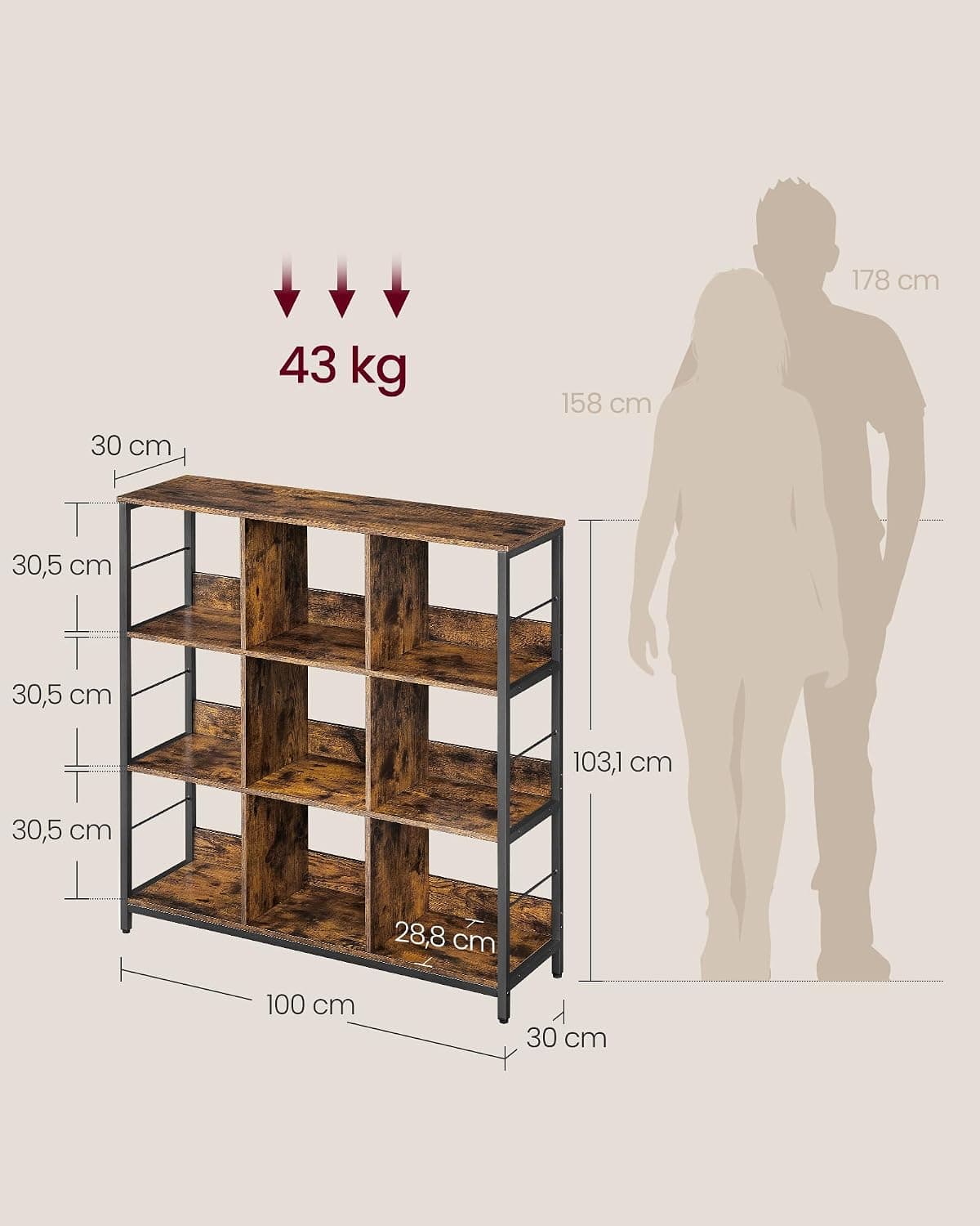 Libreria a 3 Ripiani, Libreria Scaffale a 9 Scomparti, per Soggiorno, Studio, Cucina, Camera da Letto, 30 x 100 x 103,1